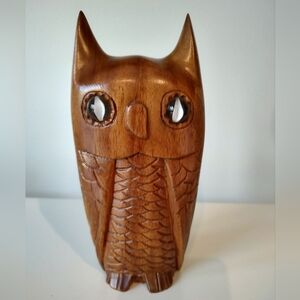 Vintage 60s 70s Wooden Owl Carving Marble Eyes Phillipines